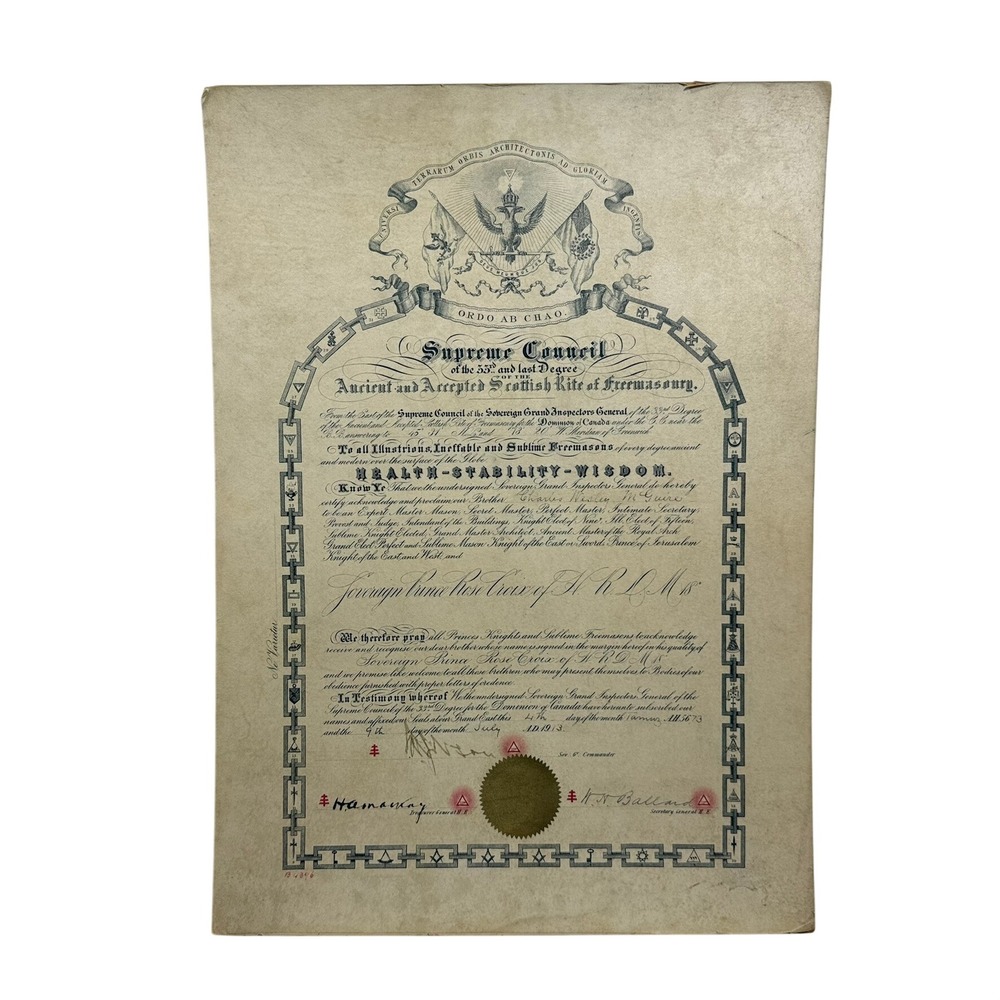 Antique 1913 Scottish Rite Freemasonry 33rd Degree Certificate Thick Cardboard